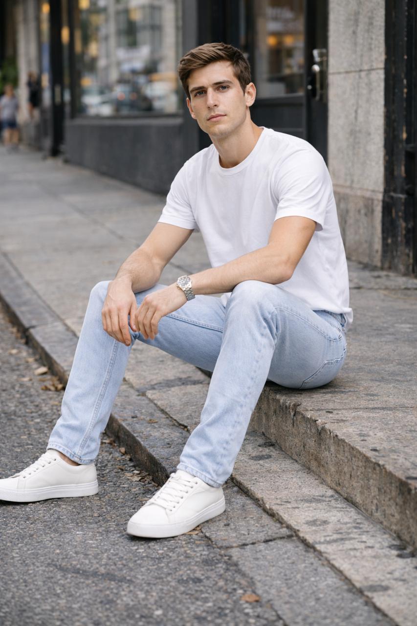 Men’s Light Blue Slim Fit Denim Jeans | Power Stretch Casual Street Style