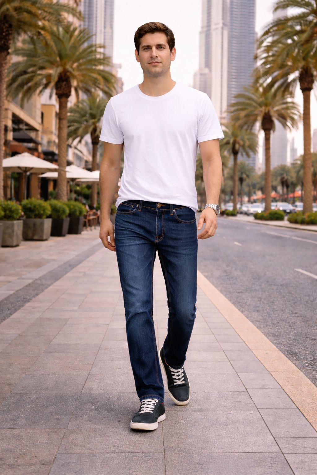 Men’s Dark Indigo Narrow Straight Fit Denim Jeans – Faded Thigh Wash