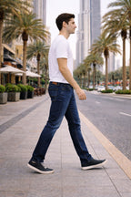 Men’s Dark Indigo Narrow Straight Fit Denim Jeans – Faded Thigh Wash