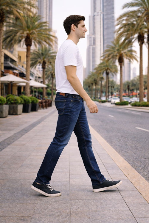 Men’s Dark Indigo Narrow Straight Fit Denim Jeans – Faded Thigh Wash