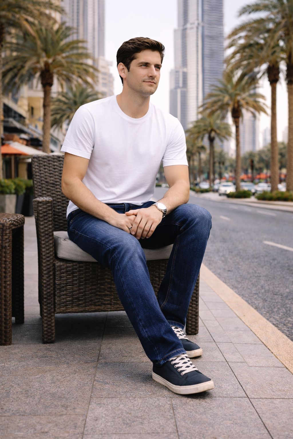 Men’s Dark Indigo Narrow Straight Fit Denim Jeans – Faded Thigh Wash