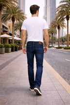 Men’s Dark Indigo Narrow Straight Fit Denim Jeans – Faded Thigh Wash